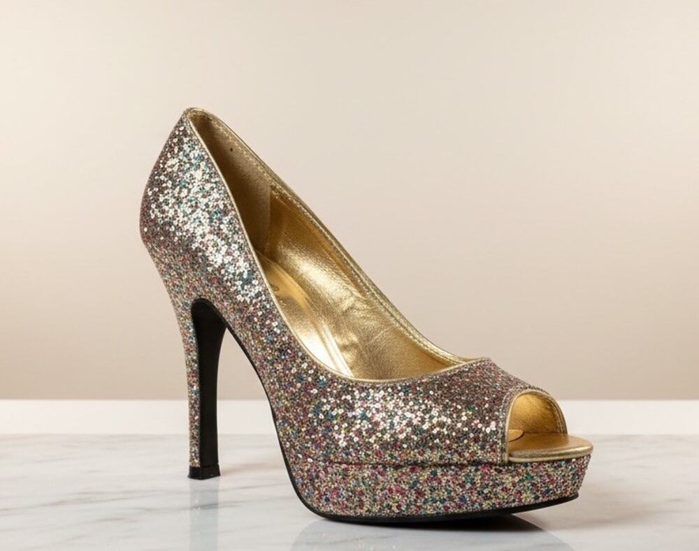 Womens Candies Cayunnis Multi Color Glitter Peep Toe Stilettos Size: 7